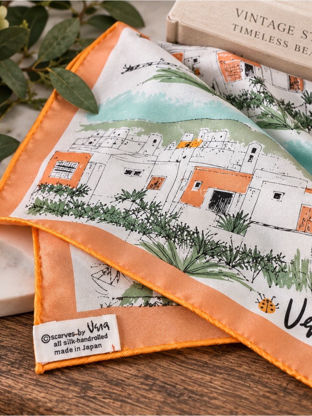 Vintage Vera Neumann Silk Scarf 29x29 Hand Rolled Made Japan Village Print - Picture 2 of 5